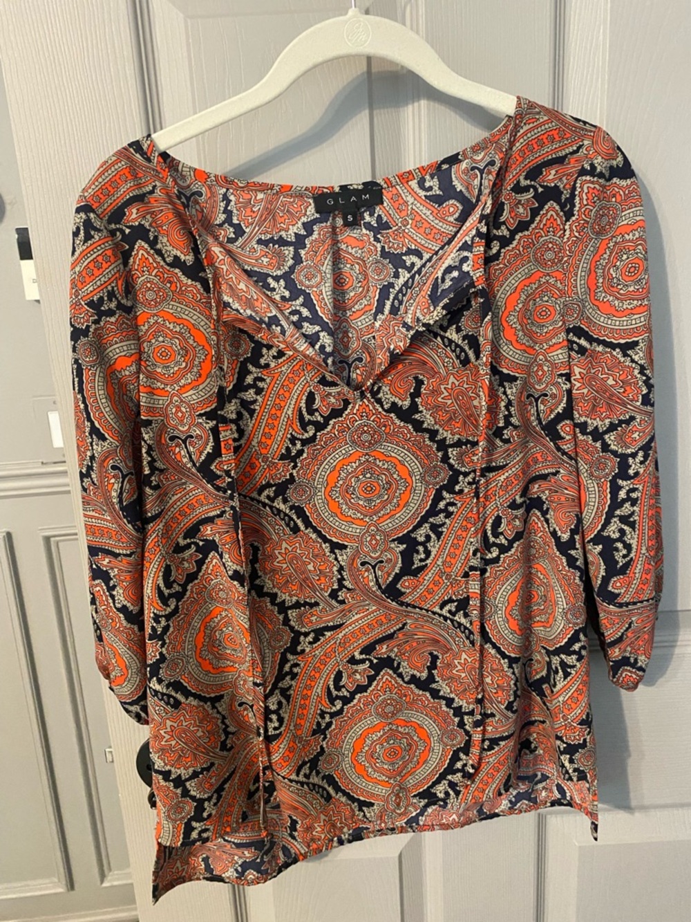 glam Navy and Orange Paisley V-Neck Blouse auburn game wear